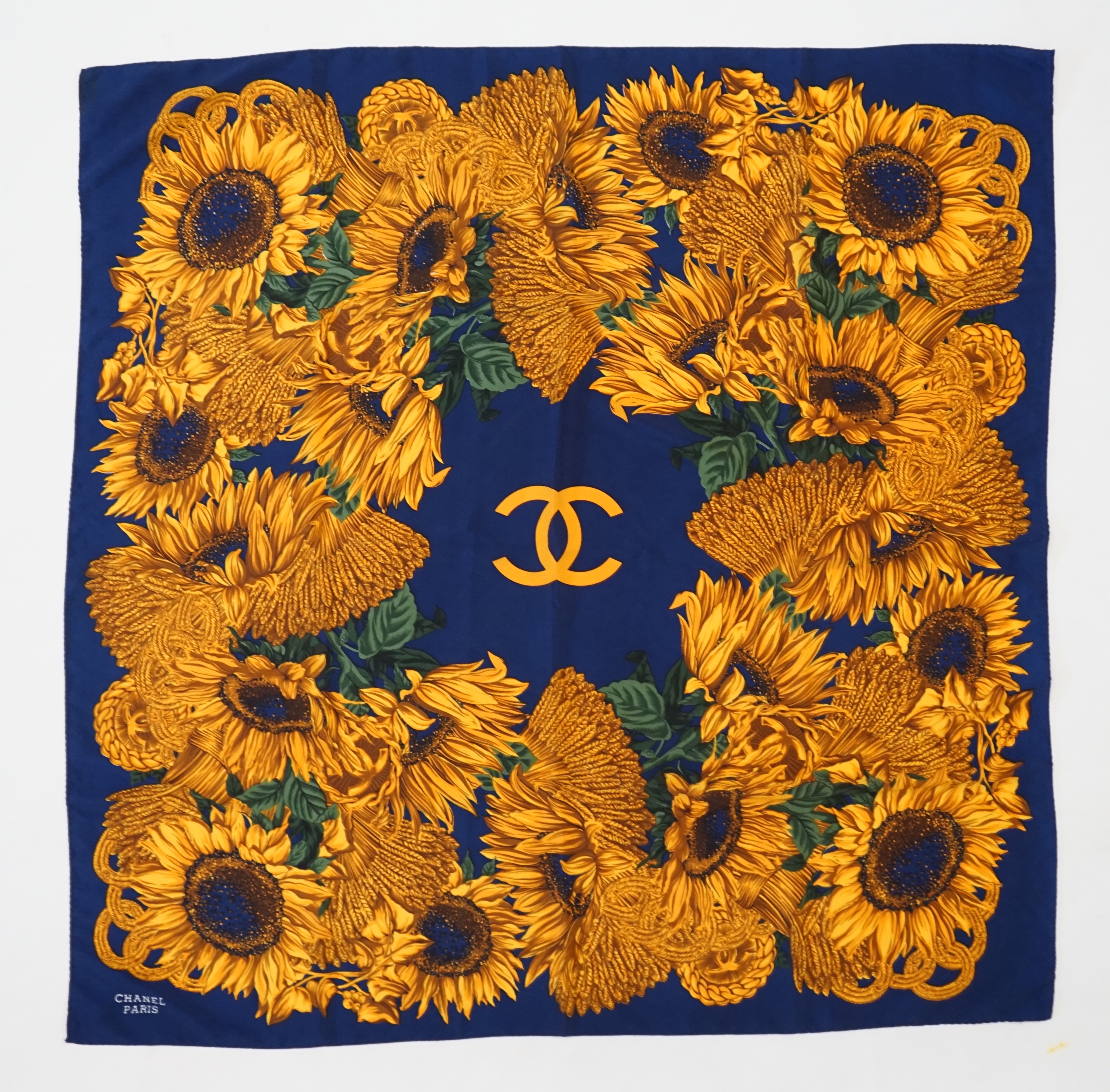 A Vintage Chanel Logo Floral Sunflowers silk scarf, width 86.5cm, height 87.5cm